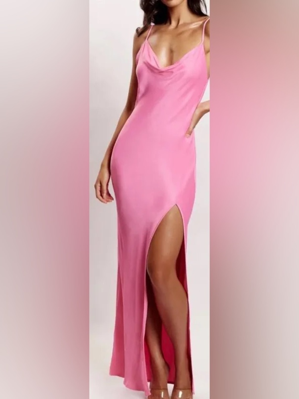 Meshki Jade Cowl Neck Backless Maxi Dress Pink L Satin Side Slit